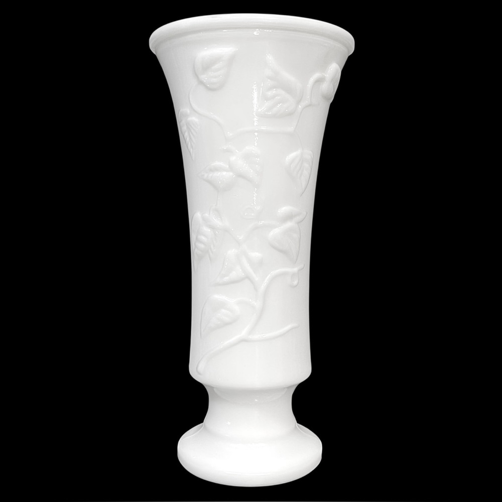 Vintage 1960s Hazel Atlas Milk Glass Footed Vase with Embossed Ivy Vines Motif